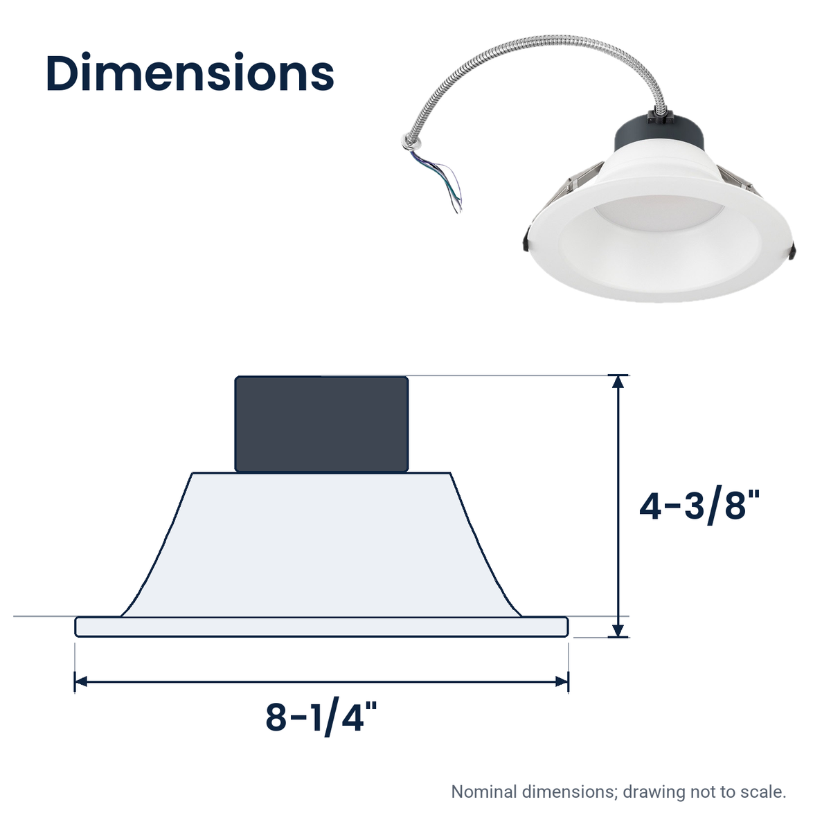 Dimensions of the 6 inch white commercial LED downlight with battery backup: 8-1/4" x 4-3/8"