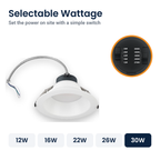 Wattage switch on the 6 inch white commercial LED downlight with battery backup: 12W, 16W, 22W, 26W, 30W