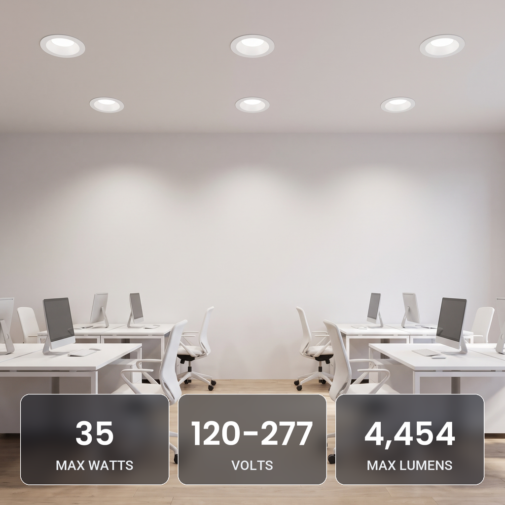 8 inch white commercial LED downlights with battery backup in an open office: 35W, 120-277V, 4,454 max lumens