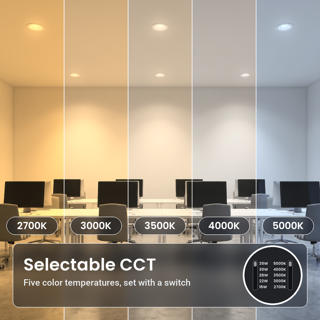 8 inch white commercial LED downlights with battery backup in an open office, in five color temperatures from 2700K to 5000K
