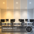 8 inch white commercial LED downlights with battery backup in an open office, in five color temperatures from 2700K to 5000K