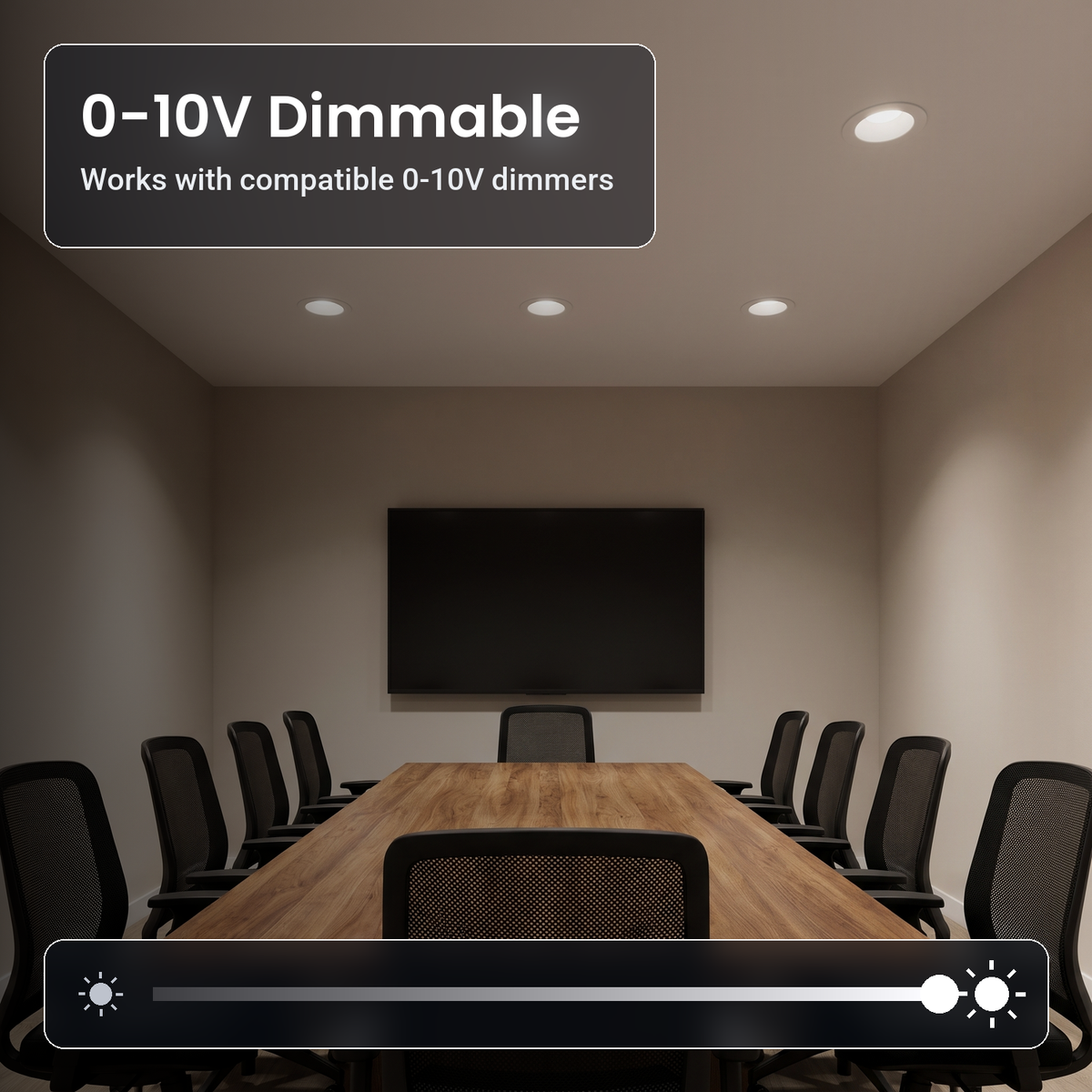 0-10V dimmable 8 inch white commercial LED downlights with battery backup in a meeting room