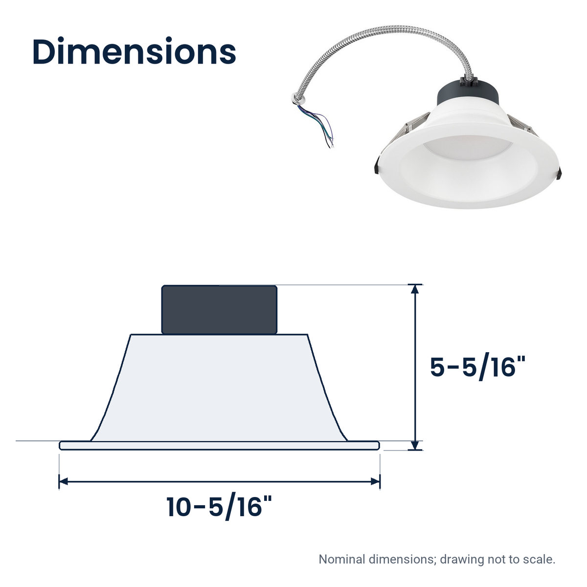 Dimensions of the 8 inch white commercial LED downlight with battery backup: 10-5/16" x 5-5/16"