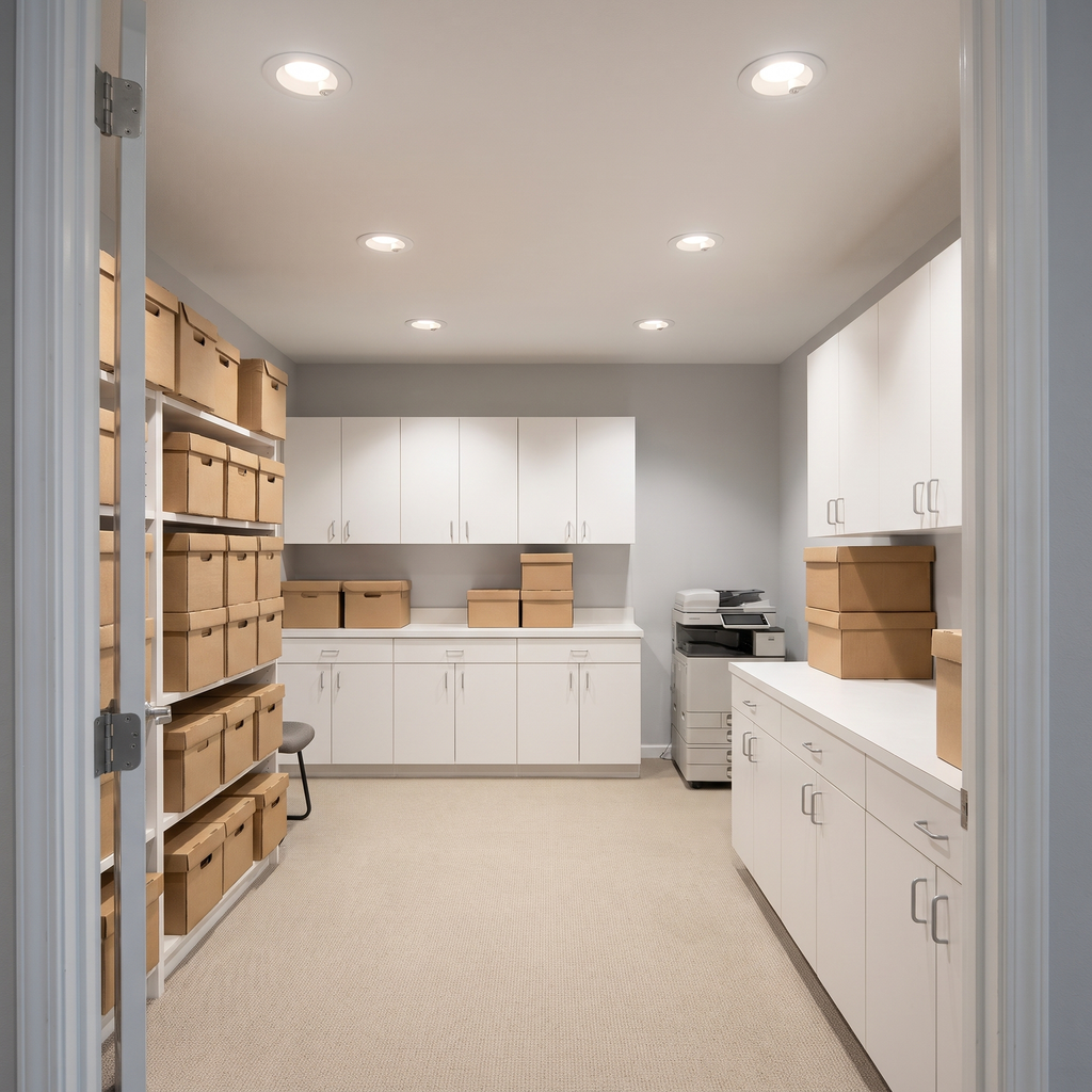 6 inch white motion activated commercial LED downlights in an office copy and supply room