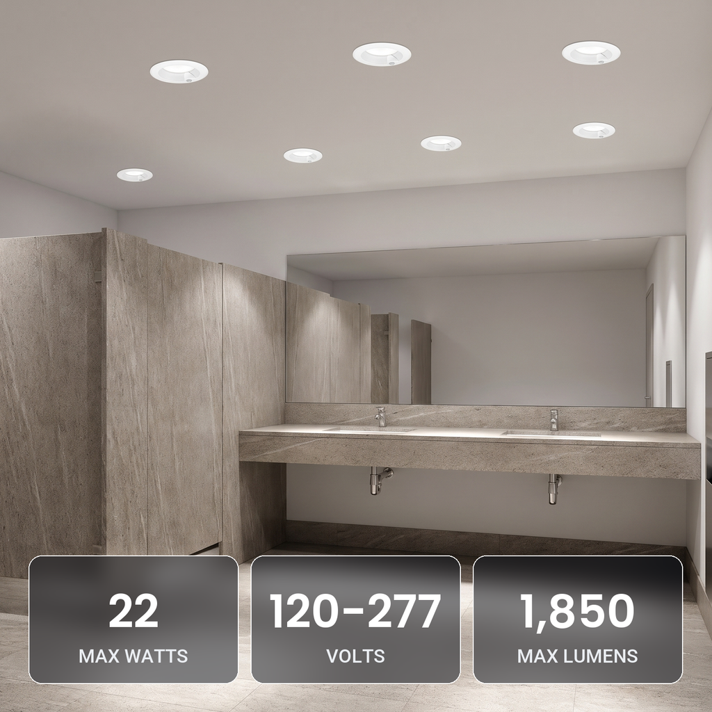 6 inch white motion activated commercial LED downlights in a commercial restroom: 22W, 120-277V, 1,850 max lumens