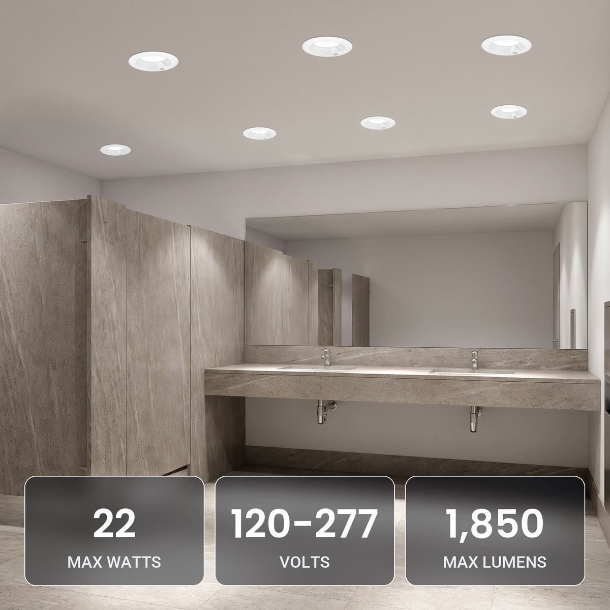 6 inch white motion activated commercial LED downlights in a commercial restroom: 22W, 120-277V, 1,850 max lumens