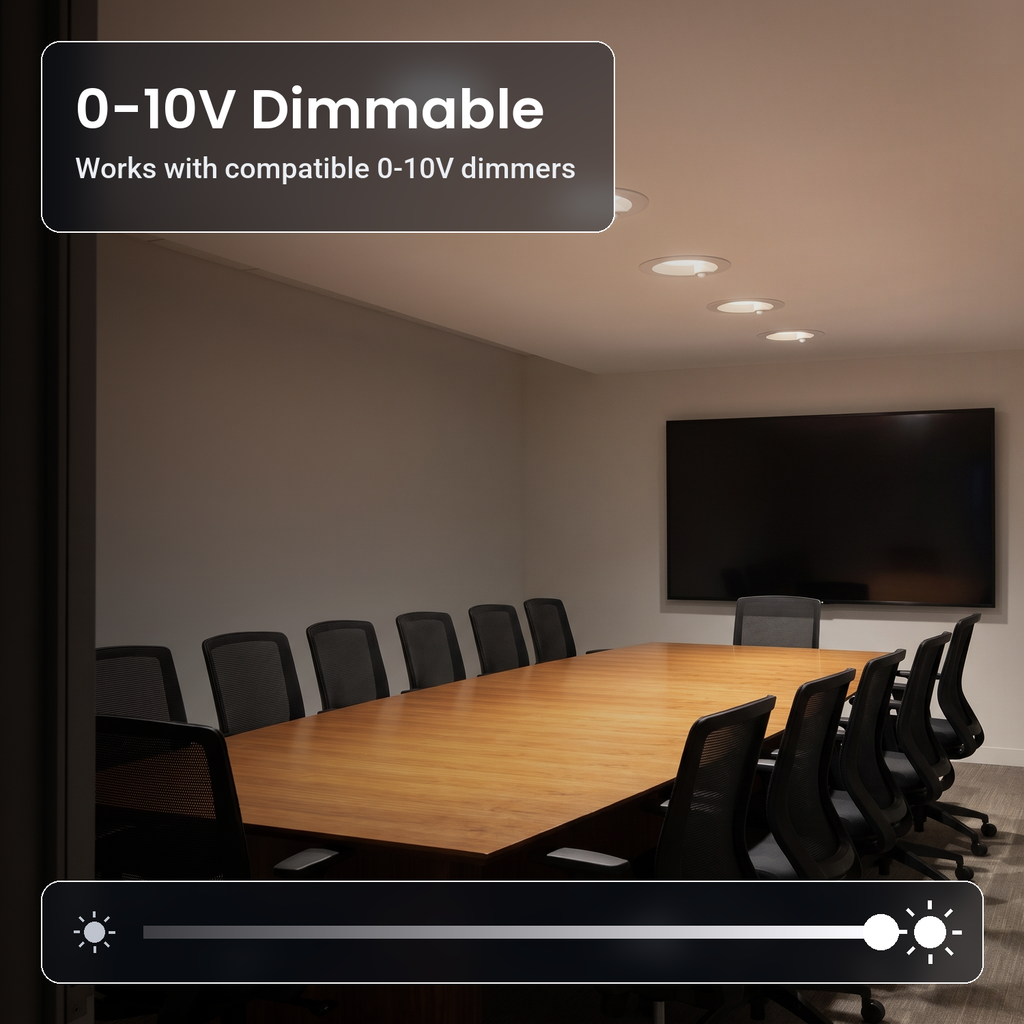 0-10V dimmable 6 inch white motion activated commercial LED downlights in a meeting room