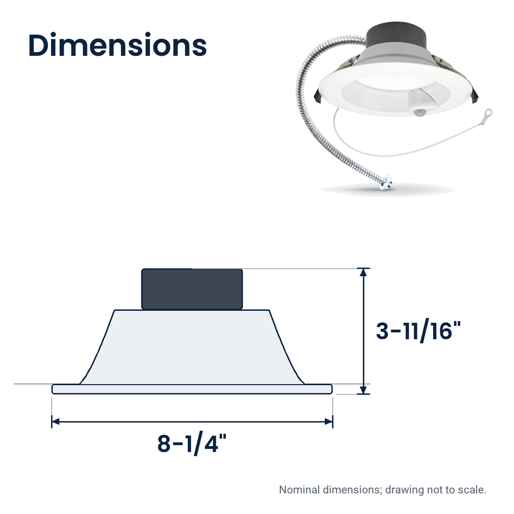 Dimensions of the 6 inch white motion activated commercial LED downlight: 8-1/4" x 3-11/16"