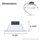 Dimensions of the 6 inch white motion activated commercial LED downlight: 8-1/4" x 3-11/16"