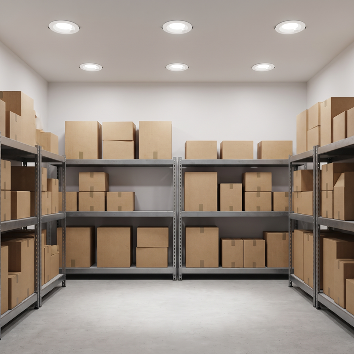 8 inch white motion activated commercial LED downlights in a storage room