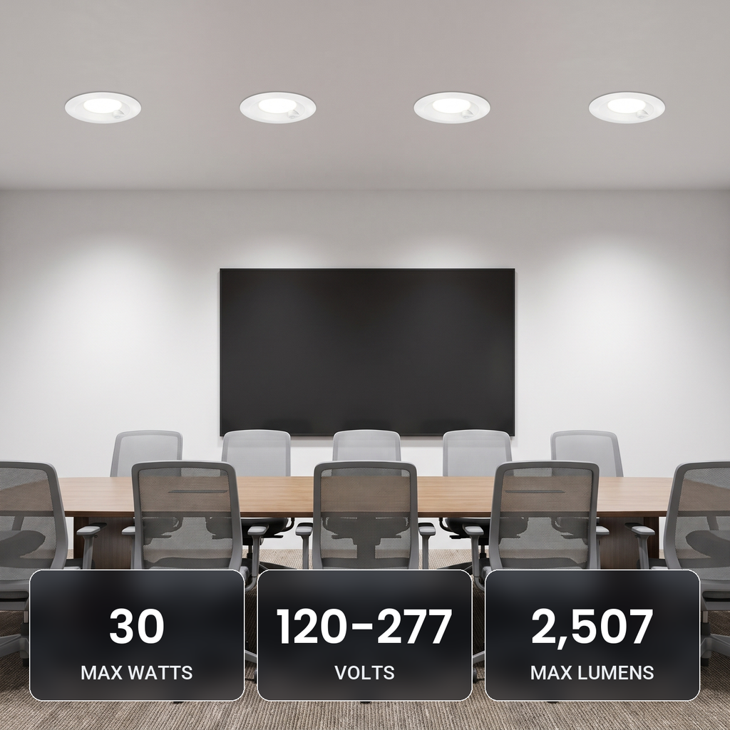 8 inch white motion activated commercial LED downlights in a meeting room: 30W, 120-277V, 2,507 max lumens