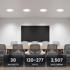 8 inch white motion activated commercial LED downlights in a meeting room: 30W, 120-277V, 2,507 max lumens