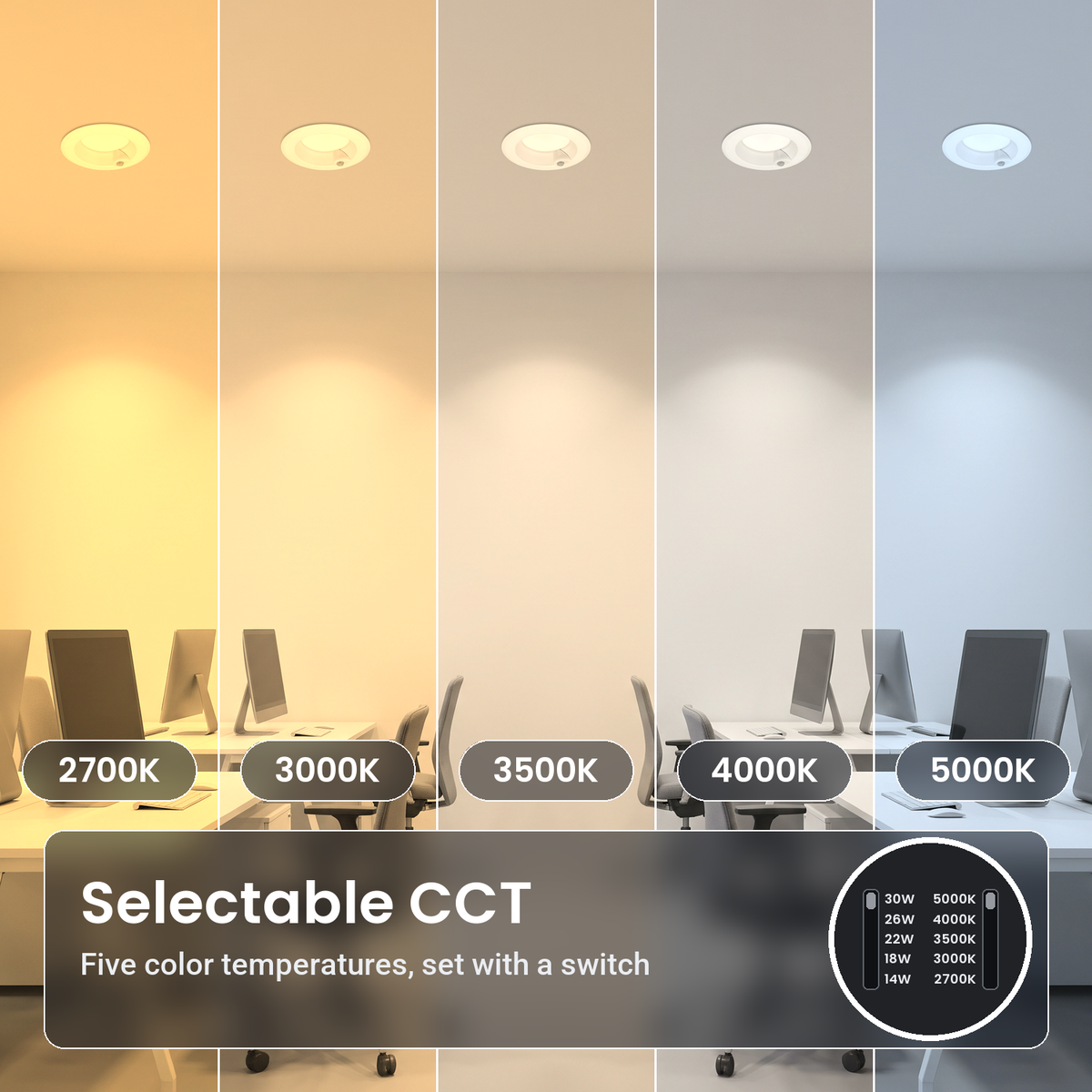 8 inch white motion activated commercial LED downlights in an open office, in five color temperatures from 2700K to 5000K