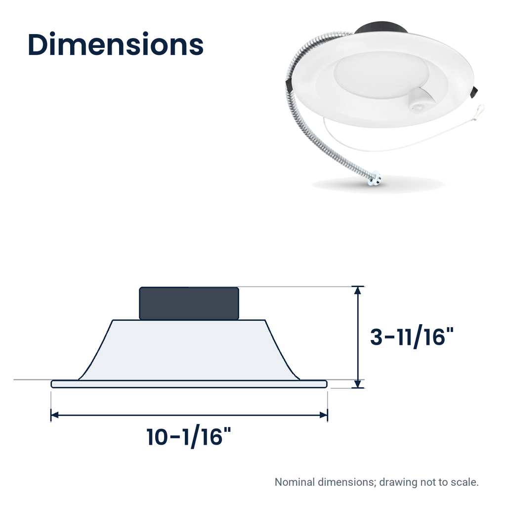 Dimensions of the 8 inch white motion activated commercial LED downlight: 10-1/16" x 3-11/16"