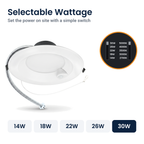 Wattage switch on the 8 inch white motion activated commercial LED downlight: 14W, 18W, 22W, 26W, 30W