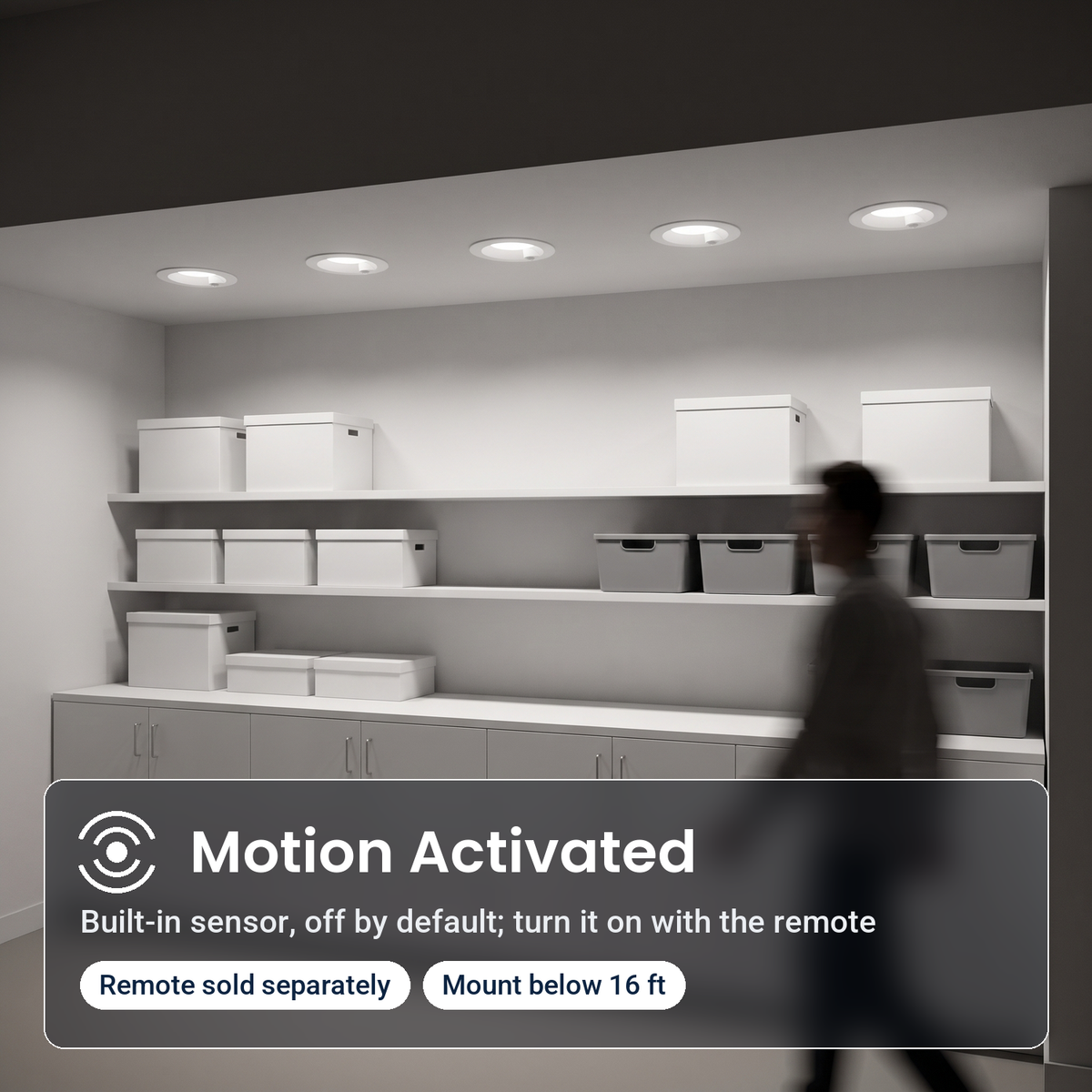 8 inch white motion activated commercial LED downlights in an office supply room; remote sold separately