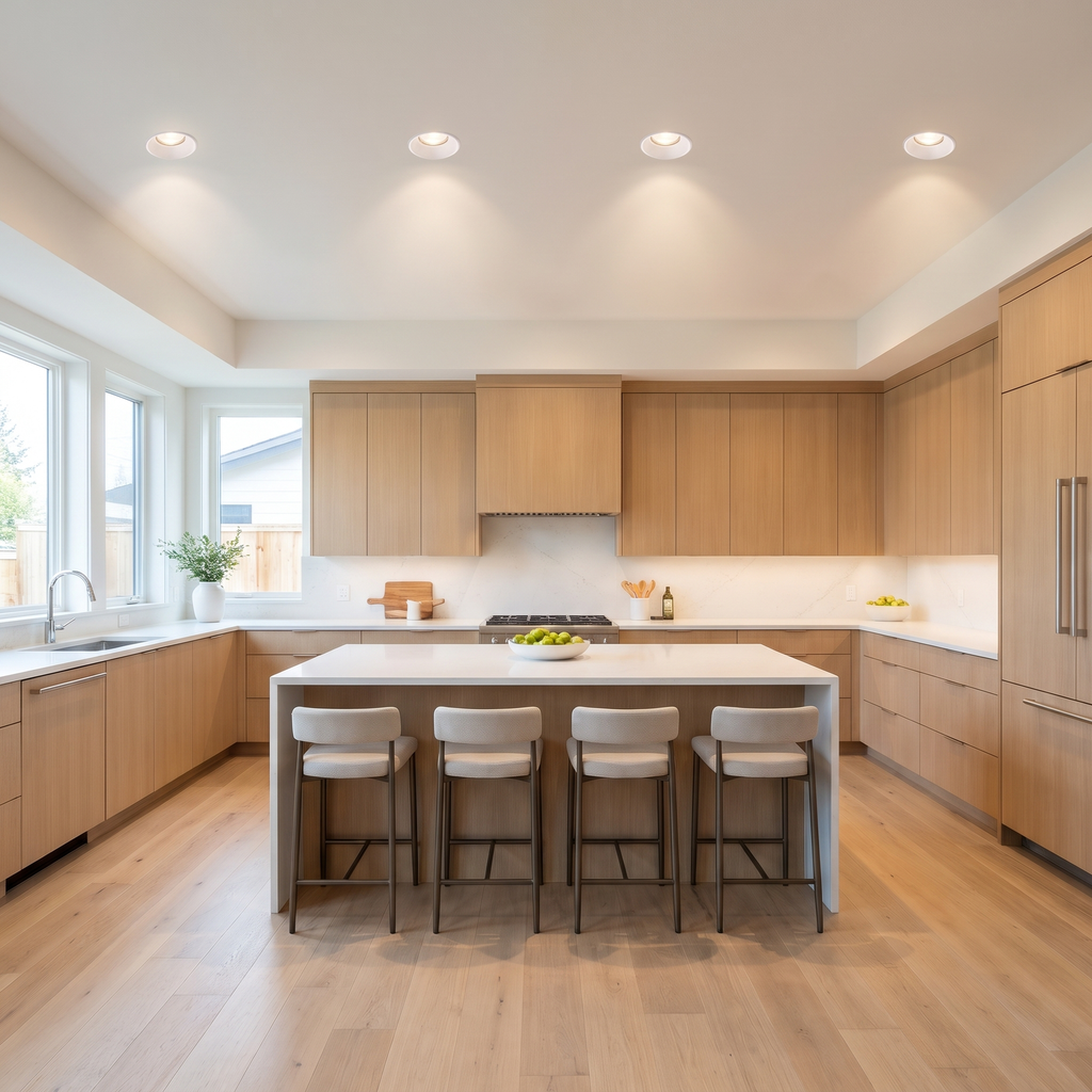 4 inch white trimless LED recessed lights in a kitchen