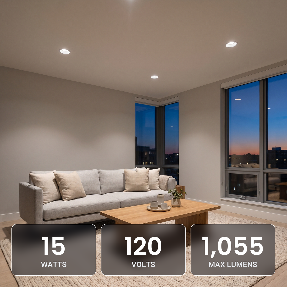 4 inch white trimless LED recessed lights in a living room: 15W, 120V, 1,055 max lumens