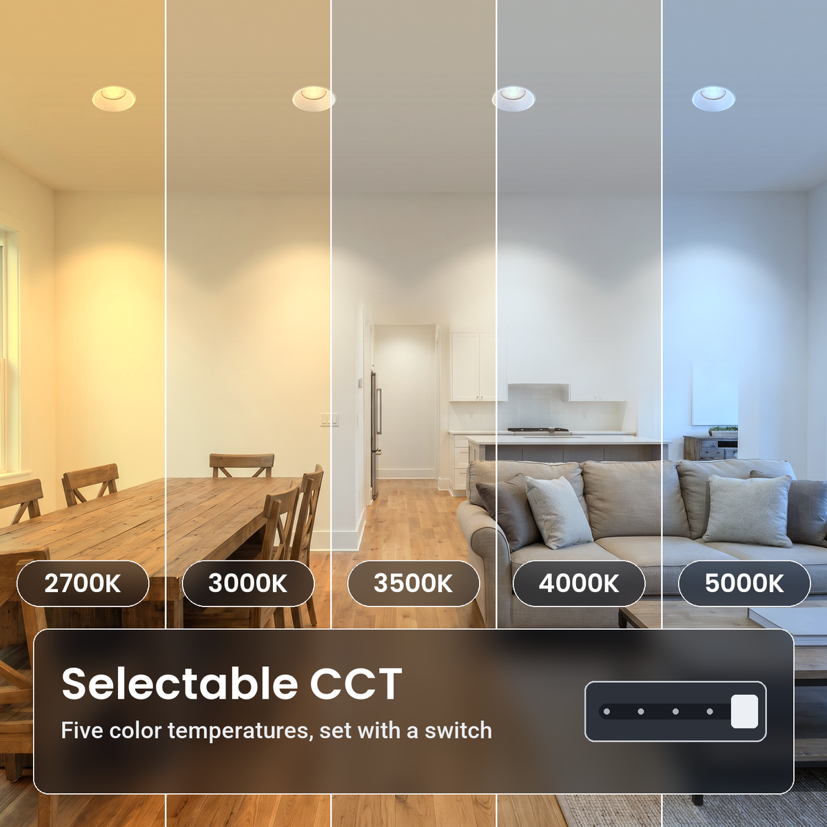 4 inch white trimless LED recessed lights in an open living and dining room, in five color temperatures from 2700K to 5000K