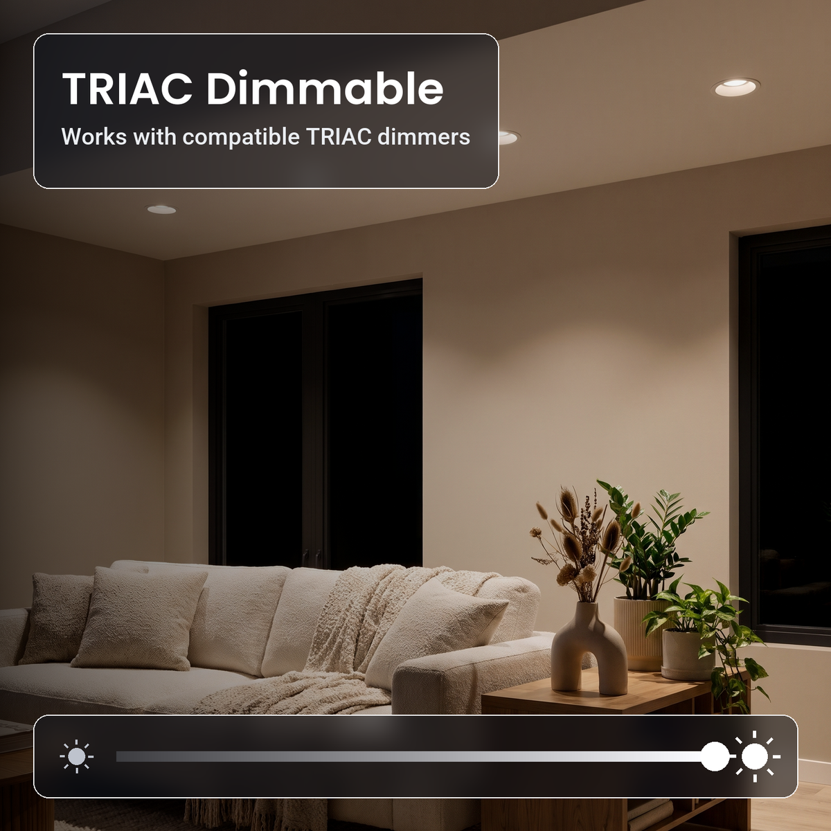 TRIAC dimmable 4 inch white trimless LED recessed lights in a living room
