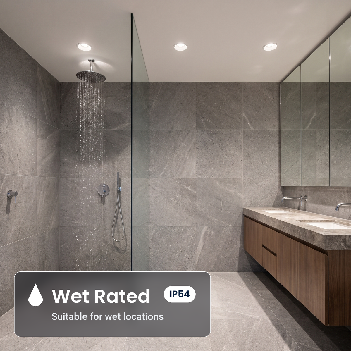 Wet rated 4 inch white trimless LED recessed lights in a bathroom (IP54)
