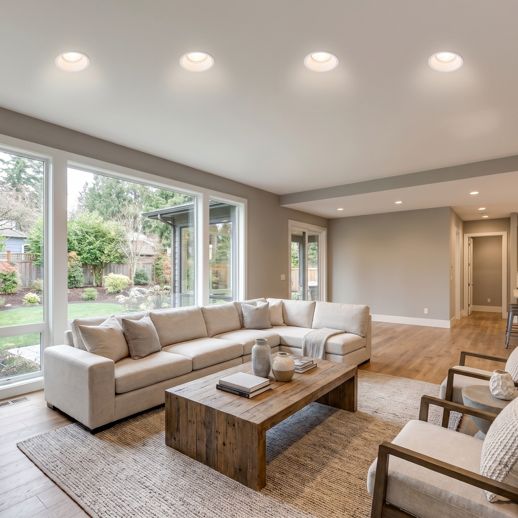 6 inch white trimless LED recessed lights in a great room