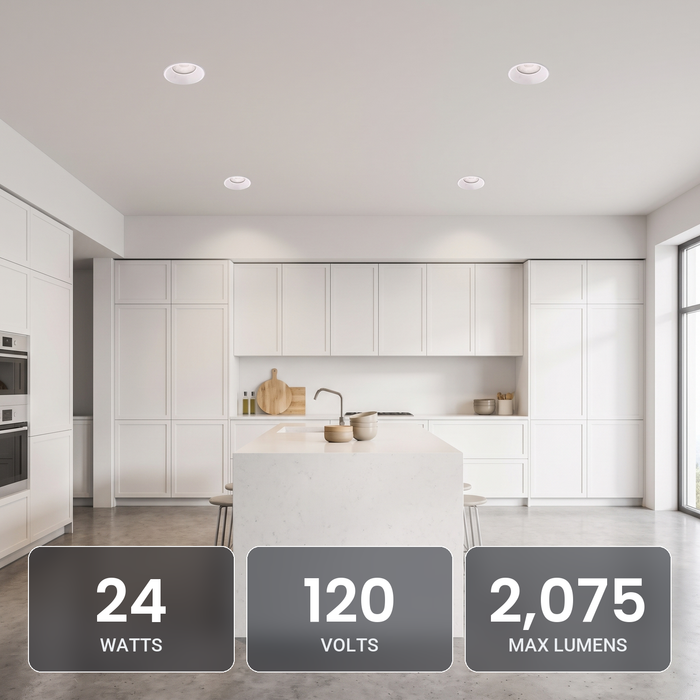 6 inch white trimless LED recessed lights in a large white kitchen: 24W, 120V, 2,075 max lumens