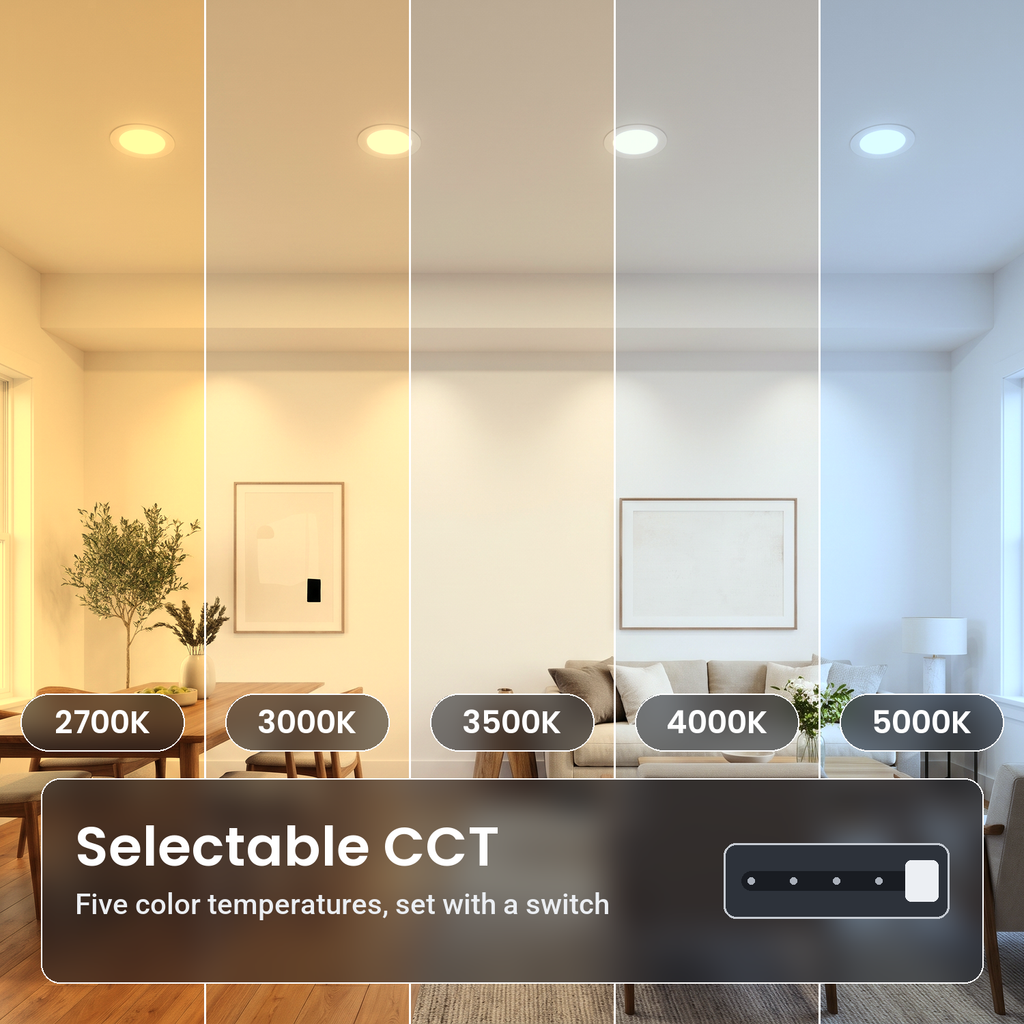 6 inch white trimless LED recessed lights in an open living and dining room, in five color temperatures from 2700K to 5000K