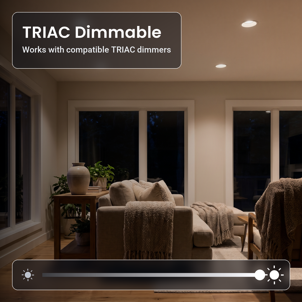 TRIAC dimmable 6 inch white trimless LED recessed lights in a living room