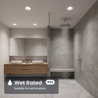 Wet rated 6 inch white trimless LED recessed lights in a bathroom (IP54)