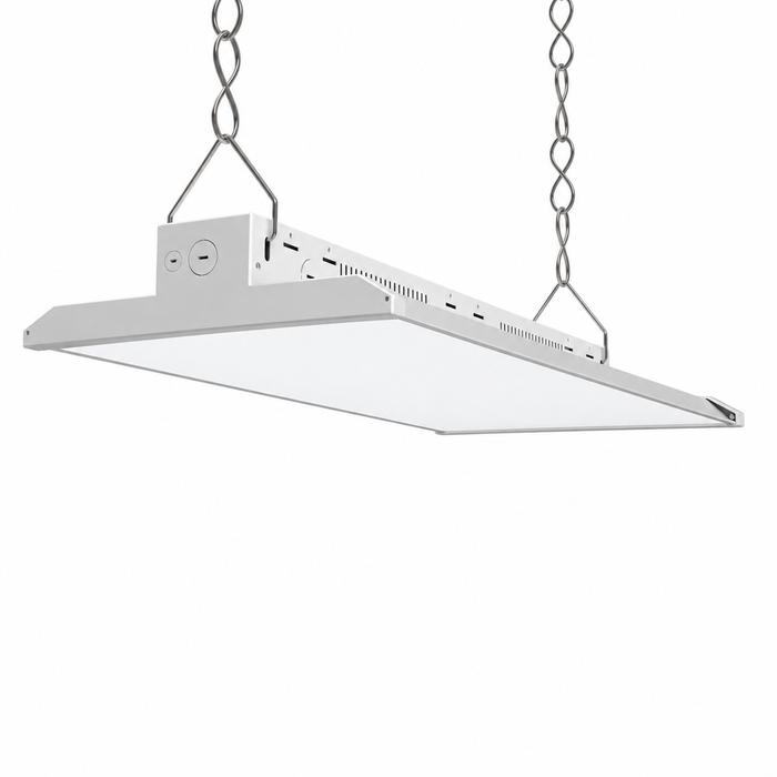 2-foot LED linear high bay light suspended by chains, left angled view