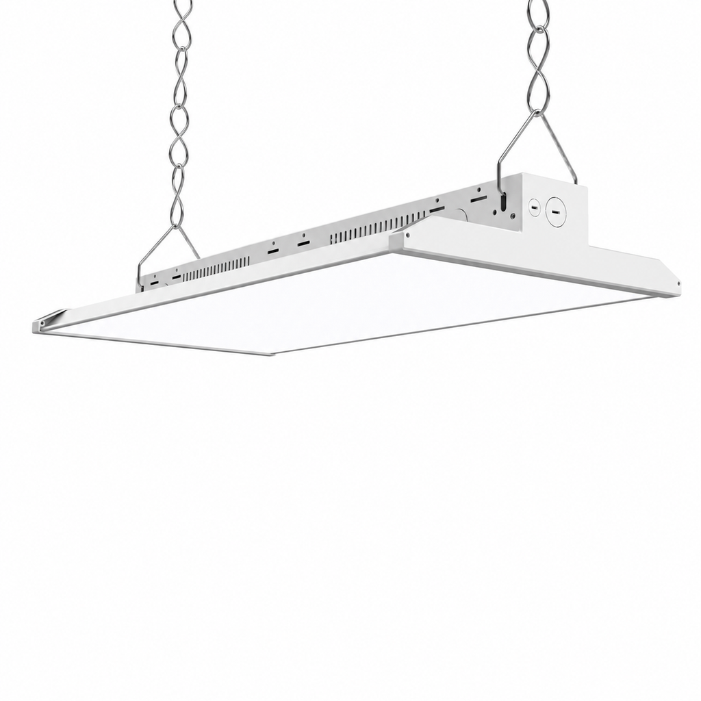 2-foot LED linear high bay light suspended by chains, right angled view