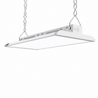 2-foot LED linear high bay light suspended by chains, right angled view