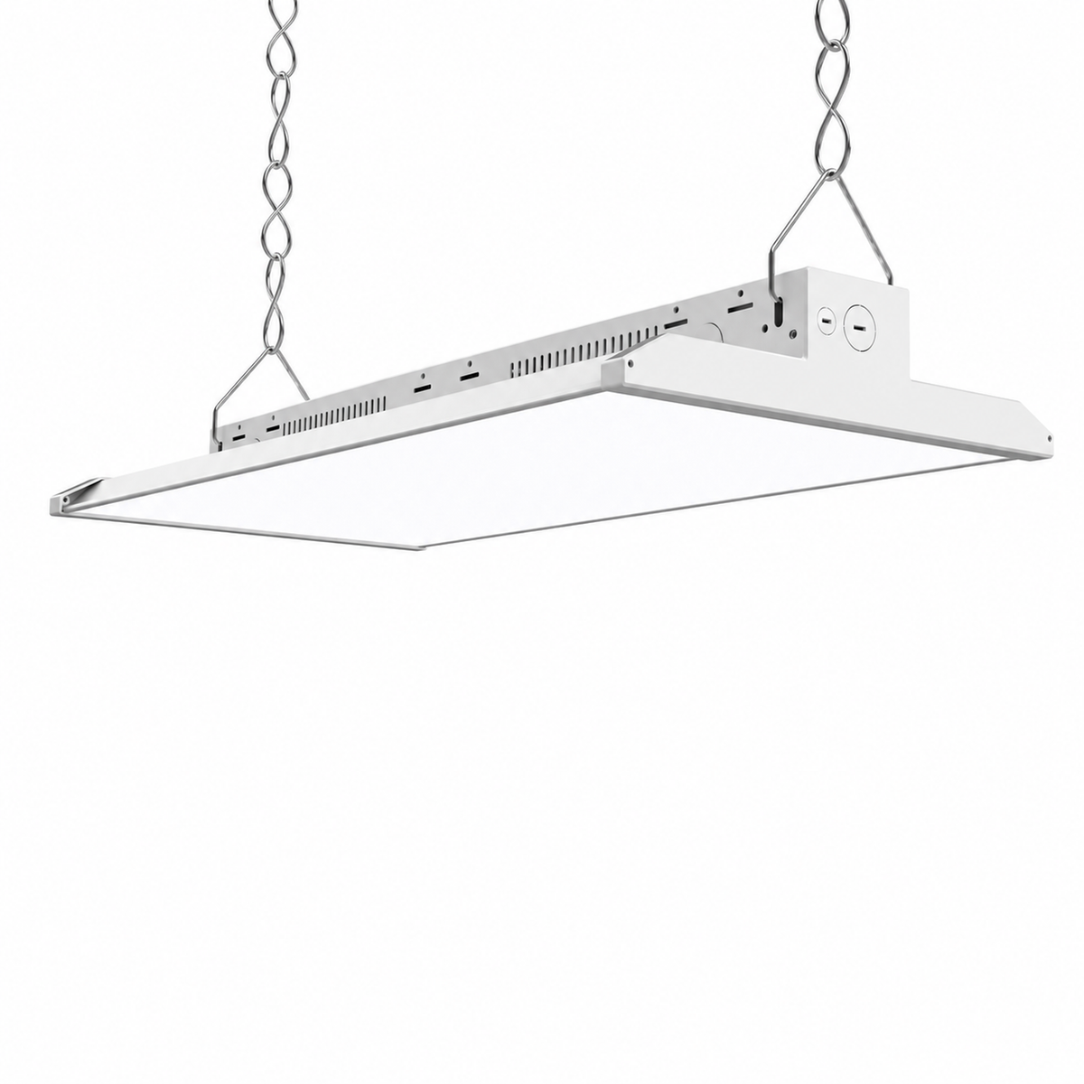 2-foot LED linear high bay light suspended by chains, right angled view