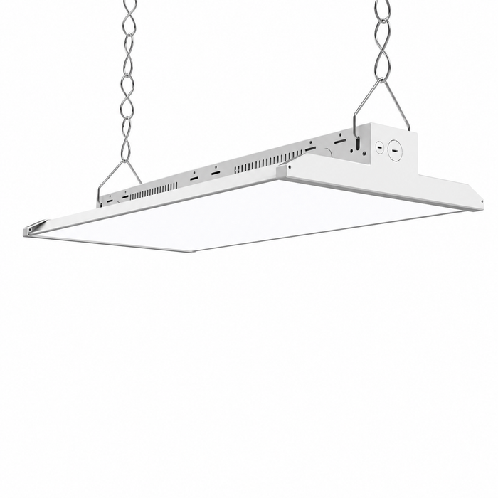 2-foot LED linear high bay light suspended by chains, right angled view