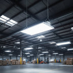 LED linear high bay lights suspended in a warehouse interior