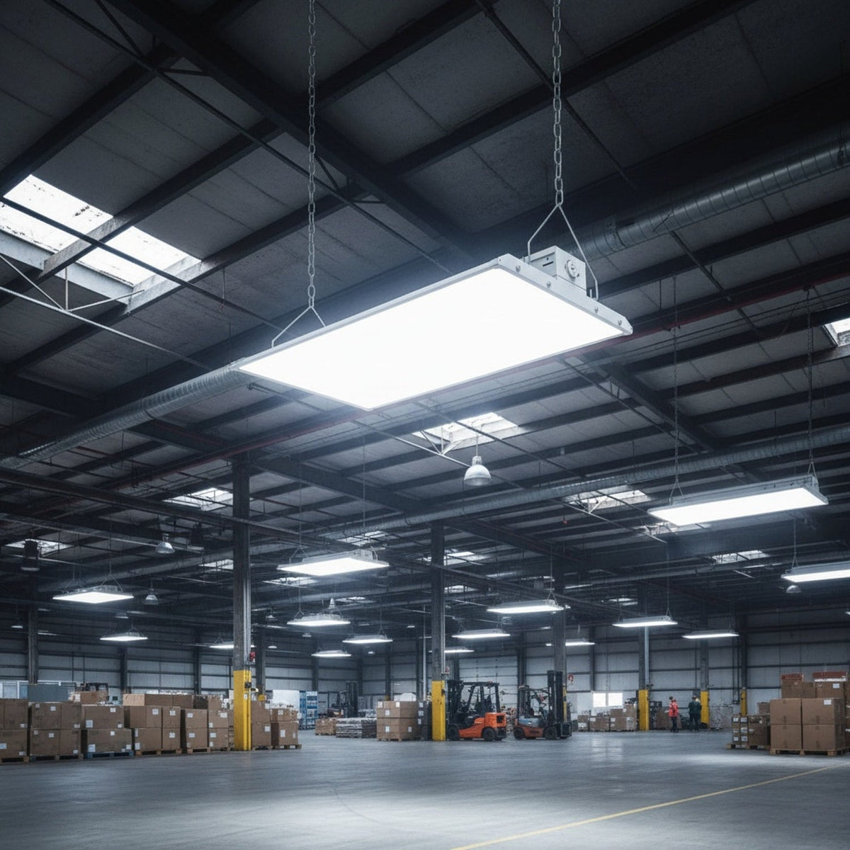 LED linear high bay lights suspended in a warehouse interior