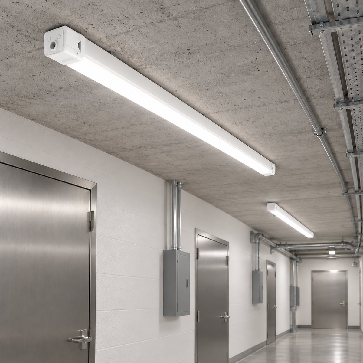 Illustrative corridor application of a 4ft slim tri-proof fixture