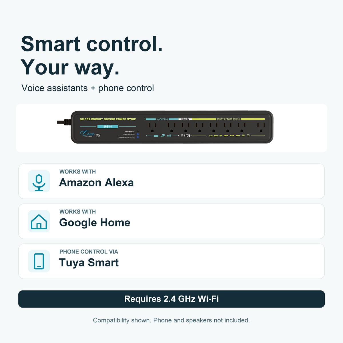 Euri SPS-01 with Amazon Alexa, Google Home and Tuya Smart compatibility; requires 2.4 GHz Wi-Fi