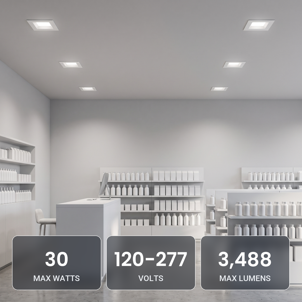 6 inch white square commercial LED downlights in a pharmacy-style shop: 30W, 120-277V, 3,488 max lumens