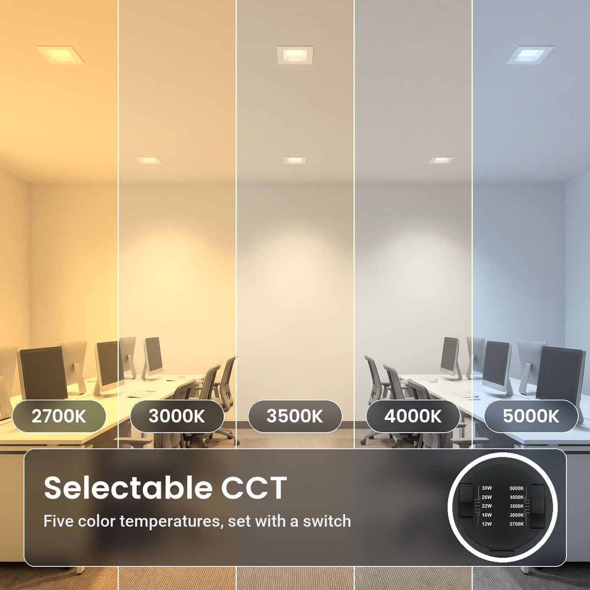 6 inch white square commercial LED downlights in an open office, in five color temperatures from 2700K to 5000K