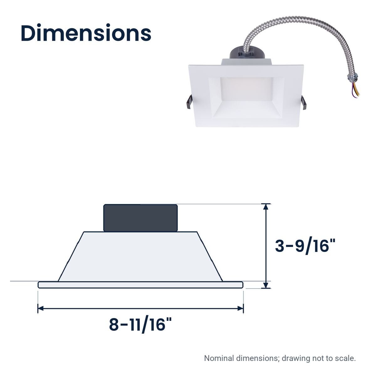 Dimensions of the 6 inch white square commercial LED downlight: 8-11/16" x 3-9/16"