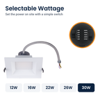 Wattage switch on the 6 inch white square commercial LED downlight: 12W, 16W, 22W, 26W, 30W
