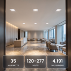 8 inch white square commercial LED downlights in a corporate lobby: 35W, 120-277V, 4,191 max lumens