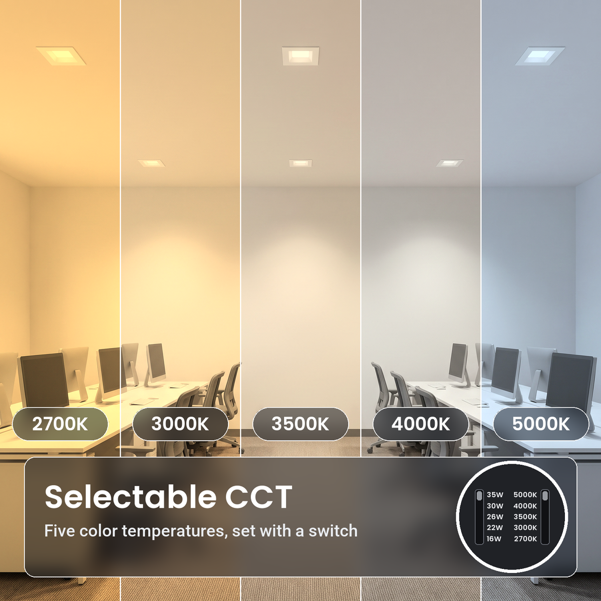 8 inch white square commercial LED downlights in an open office, in five color temperatures from 2700K to 5000K