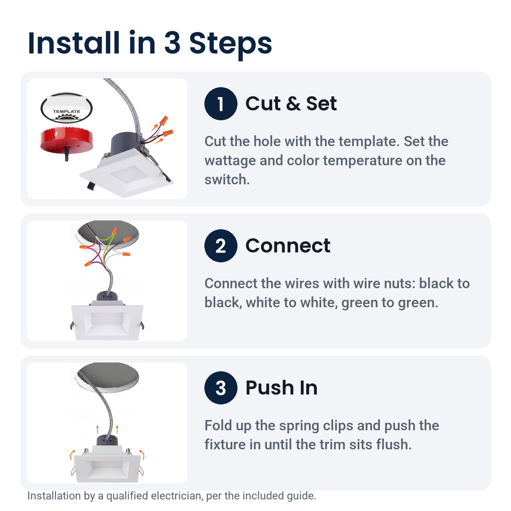 How to install the 8 inch white square commercial LED downlight in 3 steps