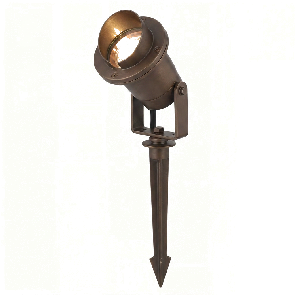 Natural brass hooded directional landscape light, alternate full fixture view
