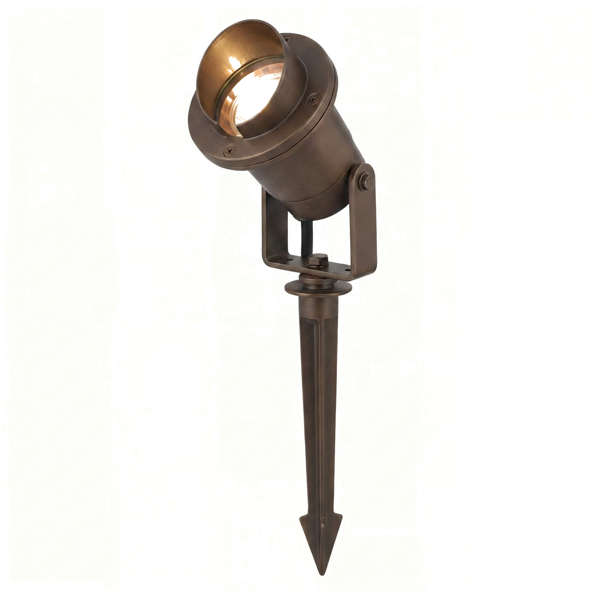 Natural brass hooded directional landscape light, alternate full fixture view