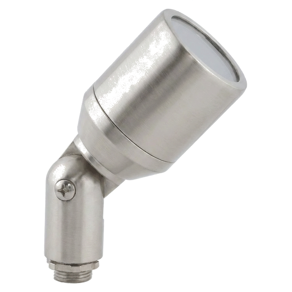 Silver-finish directional landscape light, angled view