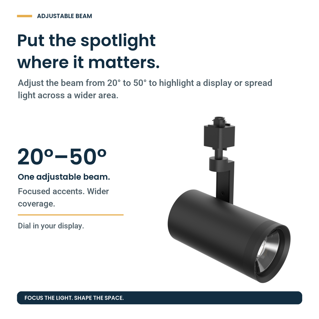 Black track light head: Put the spotlight where it matters. Adjust the beam from 20° to 50° to highlight a display or spread light across a wider area.